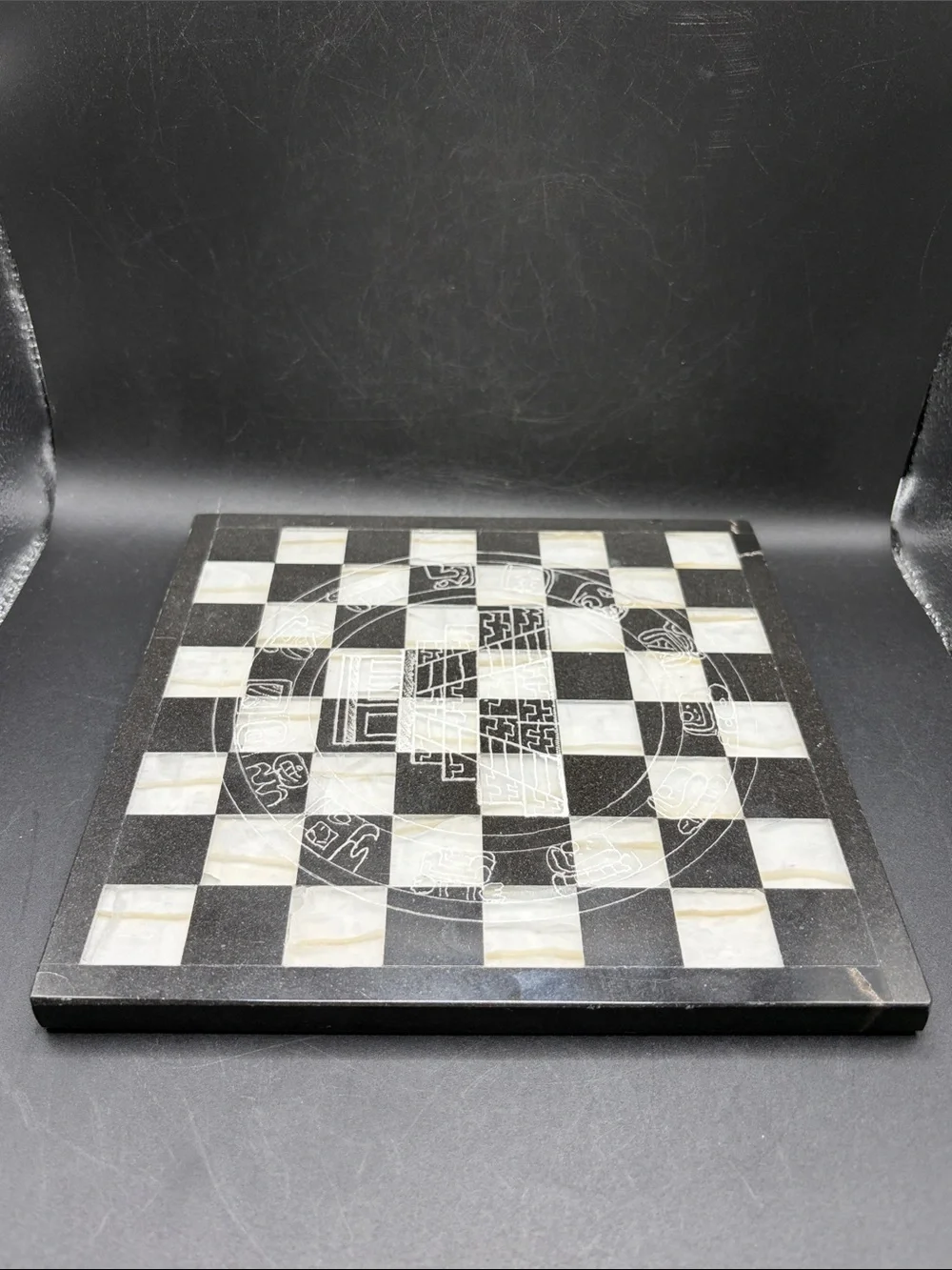 Black & White Stone Etched Mayan Pyramid Motif Chessboard Game Board Home Decor